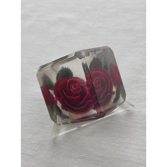 Vintage Red Rose Paperweight Acrylic Gorgeous Bircraft Lucite Cube Clear - Picture 4 of 8